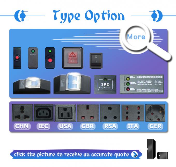 19 اینچ آلومینیوم سیاه IEC نوع 6 راه 8 خروجی C13 C14 واحد توزیع برق 16Amp / 32Amp با پلاگین کامندو در دسترس IEC320 Smart Socket PDU 3